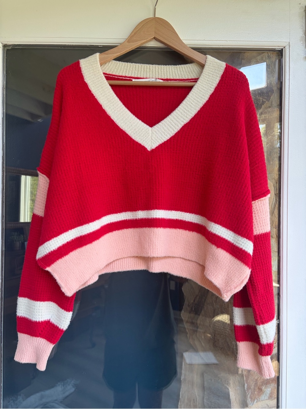 Altar’d State Red Knit Sweater Cozy Pullover Size Small Oversized Cropped